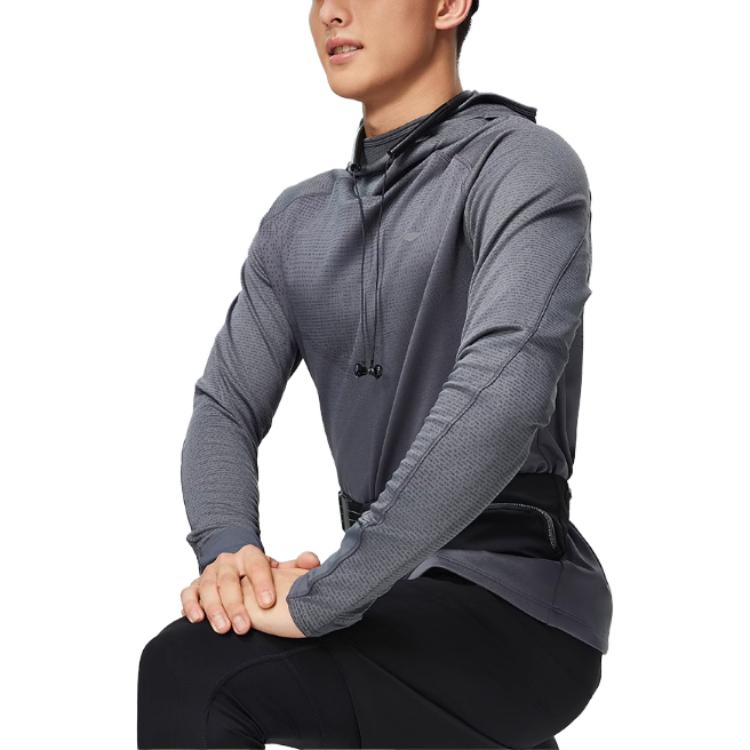 Li Ning Série Running Couleur Unie Décontracté Sport Entraînement Pull à Capuche T-Shirt Manches Longues Homme Hauts Gris-Vert ATLT075-2