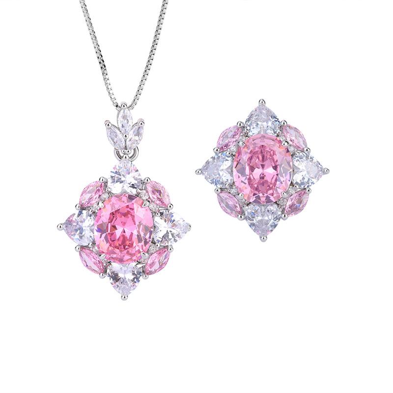 Jewelry Copper Bottom Gold-Plated Retro Wind Simulation Pink Diamond Pendant Ring Set Main Stone 10 * 12
