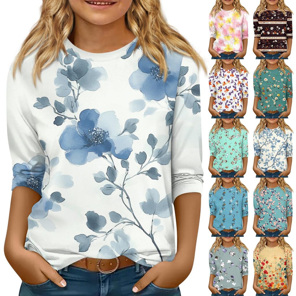 Children's 3/4 Sleeve Tops Casual  Print T Shirt Round Neck Pullover Blouse