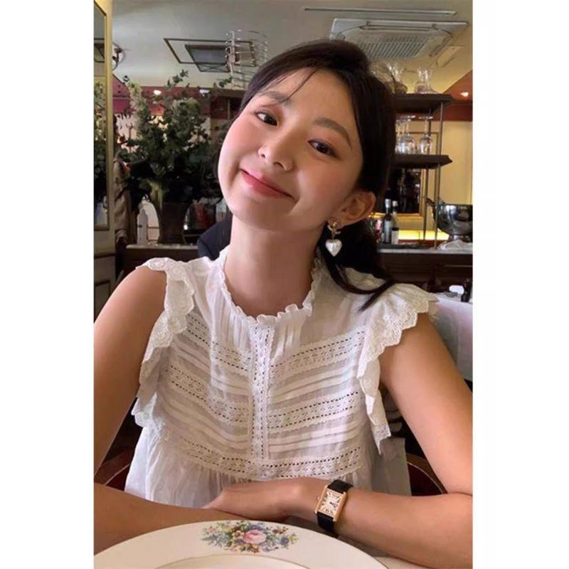 

Piooni South Korea Ins Summer French Style Tree Fungus-like Lacework Patchwork Stand-up Collar Cotton Sleeveless Doll Shirt Tops Women White All yards