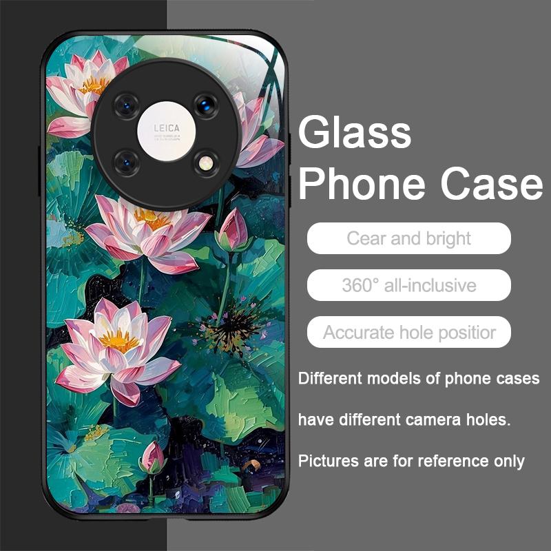

Retro Oil Painting Lotus Flower Pattern Tempered Phone Case for Huawei Nova 13 12 11 10 SE Mate 60 50 40 Pro+ P60 P50 P40 Cover Huawei Mate 30