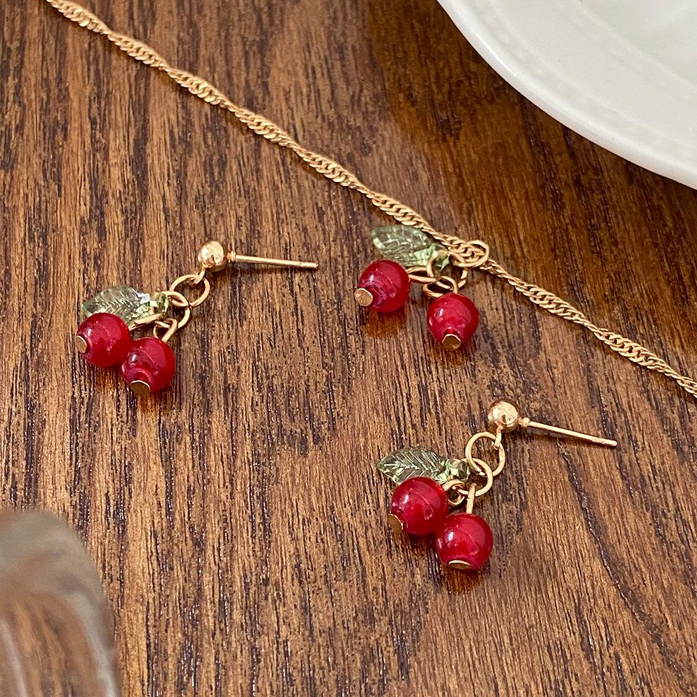 Cherry Red Cross-Border Necklace & Earrings Set: Light Luxury Niche Design, Elegant Clavicle Chain, Exquisite Accessories for Women