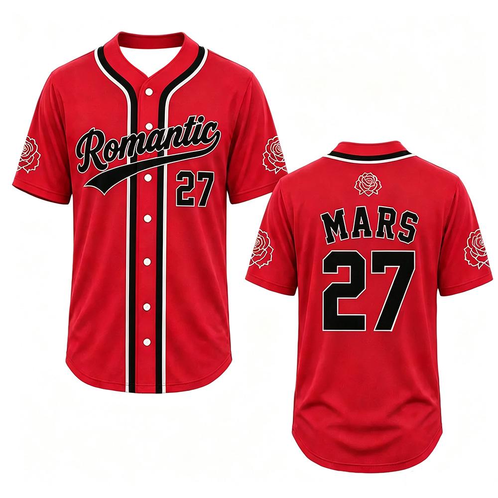 Bruno Mars The Romantic Tour 2027 Baseball Jersey Music Fans Collection Apparel Unisex Loose Streetwear Short Sleeve Sportswear