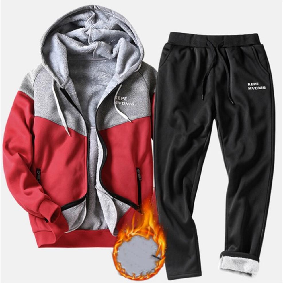 Fashion Casual Winter Suit Men Fleece Zipper Cardigan Sporting Suit Men Letter Patchwork Sweatshirt