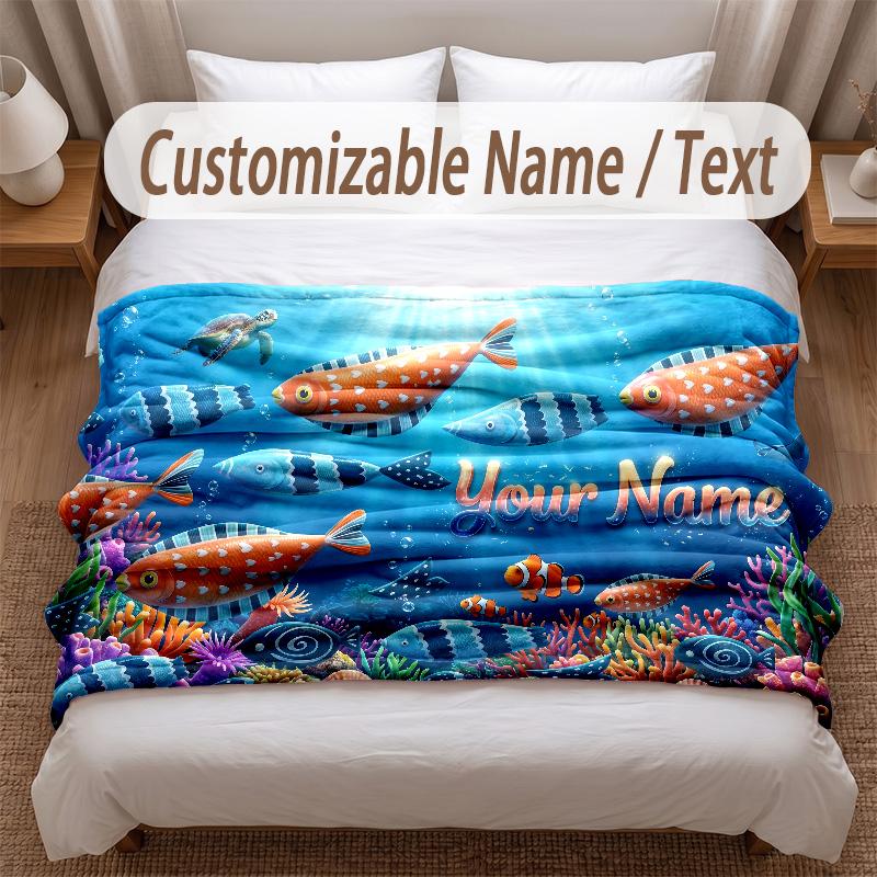 Fish Ocean Theme Soft Blanket Personalized Custom Name Text Print Warm Blanket Home Sofa Bedroom Decor