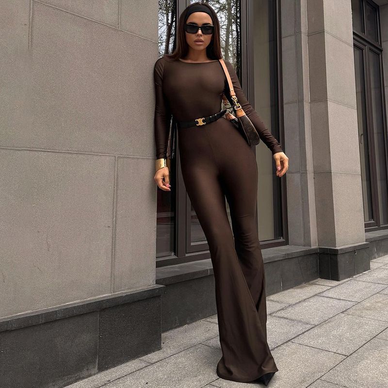 Temperament Solid Long sleeve Slim fit Sexy Backless Micro-Pull Jumpsuit Long Sleeved Sexy Jumpsuit