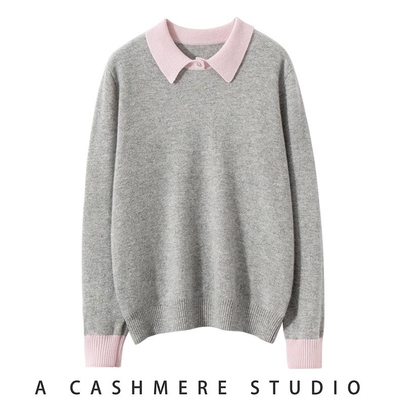 Women's 100% Pure Cashmere Color Block Polo Collar Sweater - Long Sleeve Knit Pullover for Autumn/Winter