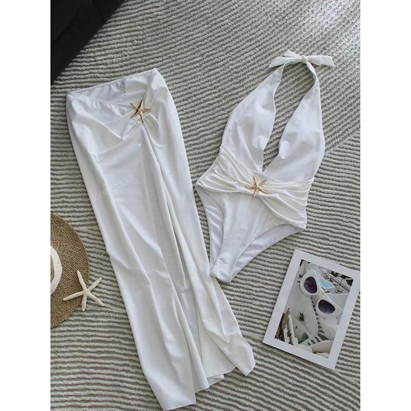2 Piece Swimsuits for Elegant Women Starfish One Piece Bathing Suits with High Split Skirt Cover Ups Sexy Halter Bikini Sets