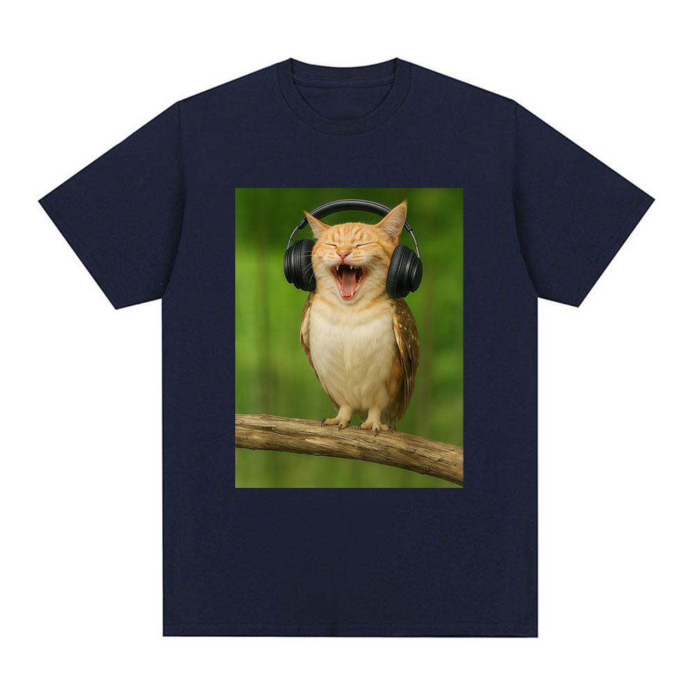 Cat Owl Headset Funny Meowl Meme Tshirts Mens Women Clothing Fashion Harajuku Short Sleeves Cotton Summer T Shirts Streetwear