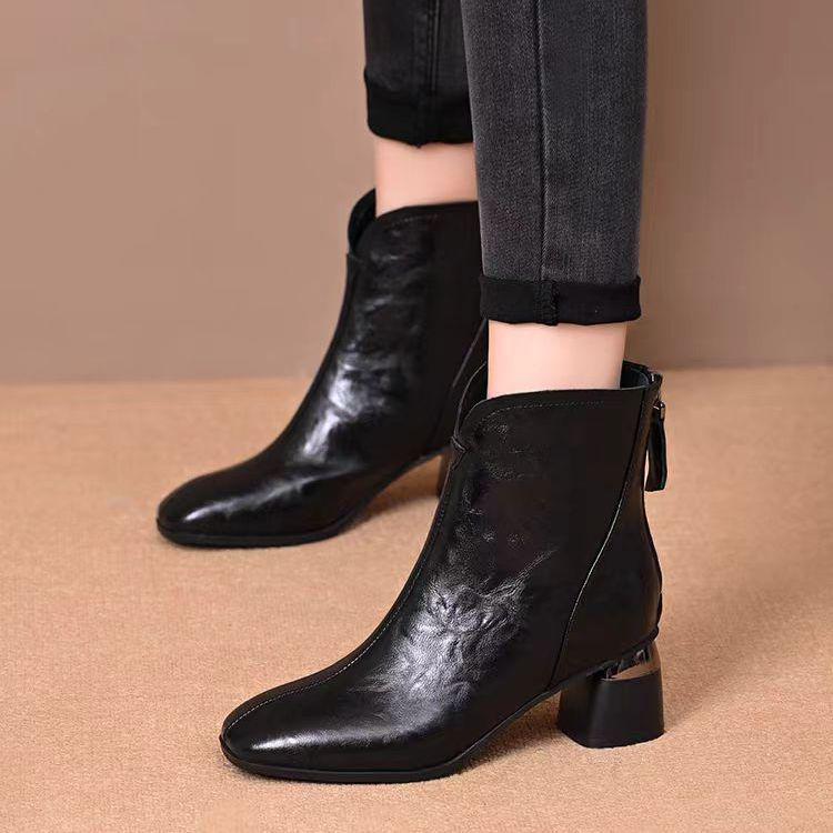Women's British Style Soft Leather Square Toe Ankle Boots - Chunky Heel, Versatile, Comfortable, Warm, Autumn/Winter 2025.