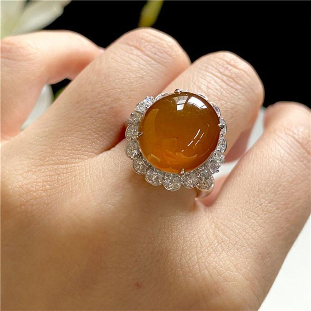 Imitation Natural Chalcedony Ice Type Full Color Red Jadeite Egg Surface Ring Women's Inlay Silver-plated Fashion