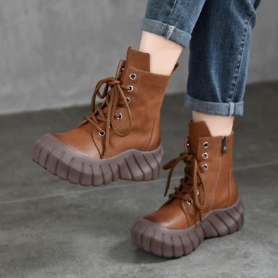 Botas de couro legítimo com sola grossa, retrô, bico redondo, cadarço, botas plataforma femininas