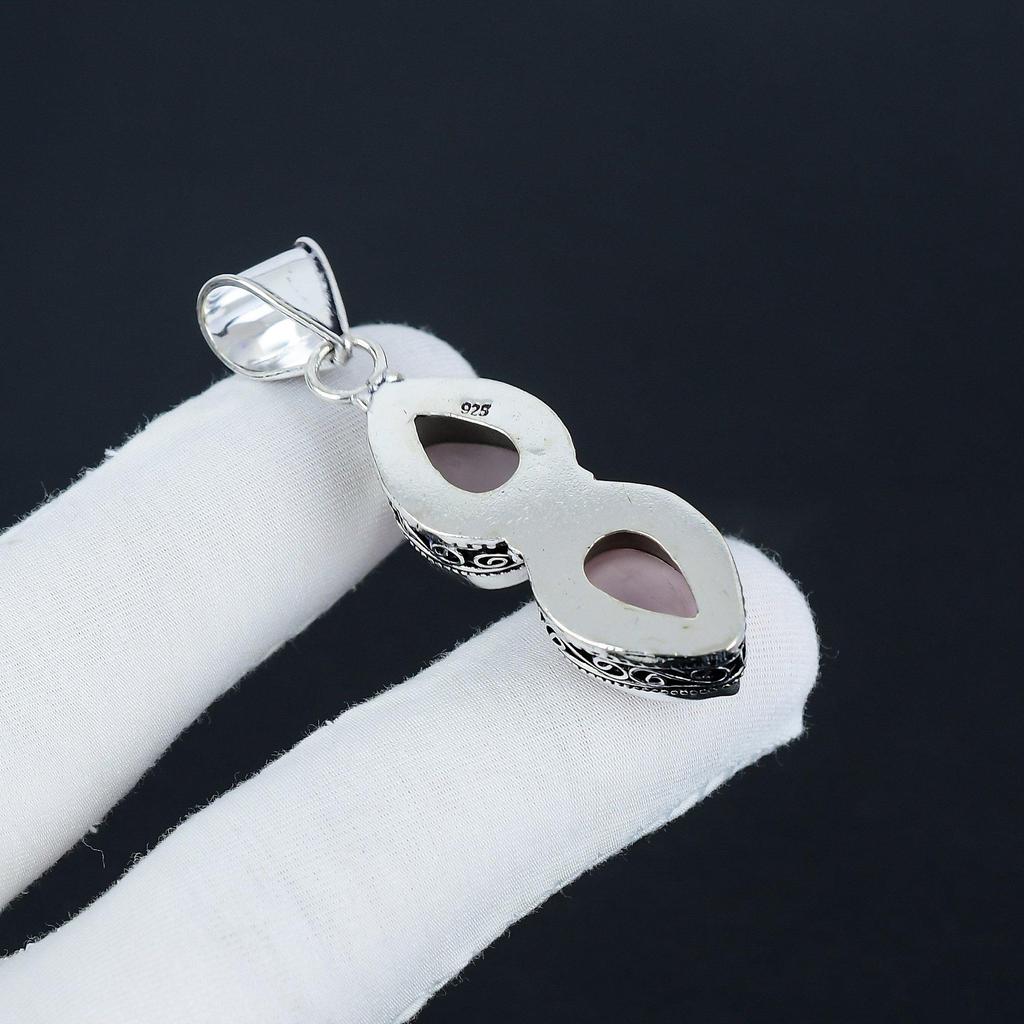 Natural Rose Quartz Gemstone Silver Pendant in 925 Sterling Silver - Handmade Pear Design, Everyday Wear Jewelry Engagement Gift