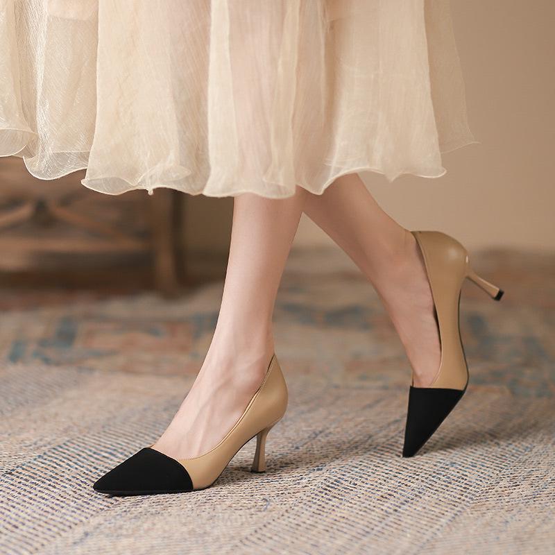 

775-39 Korean Style Color Block Stiletto Heels - Summer 2025 Women s Pointed Toe Low-Cut 36 хаки