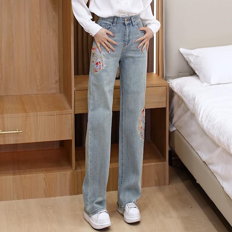 

Женские джинсы с высокой талией и широкими штанинами на осень 2024 года - Приталенные, Свободные, Национальный стиль 28