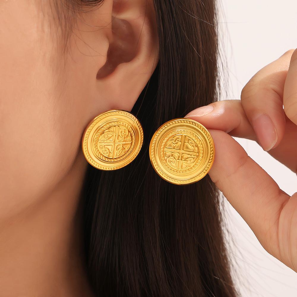 Heavy Industry Medieval Cold Wind Round Brand Earrings Retro Design Titanium Steel Gold Plated Earrings