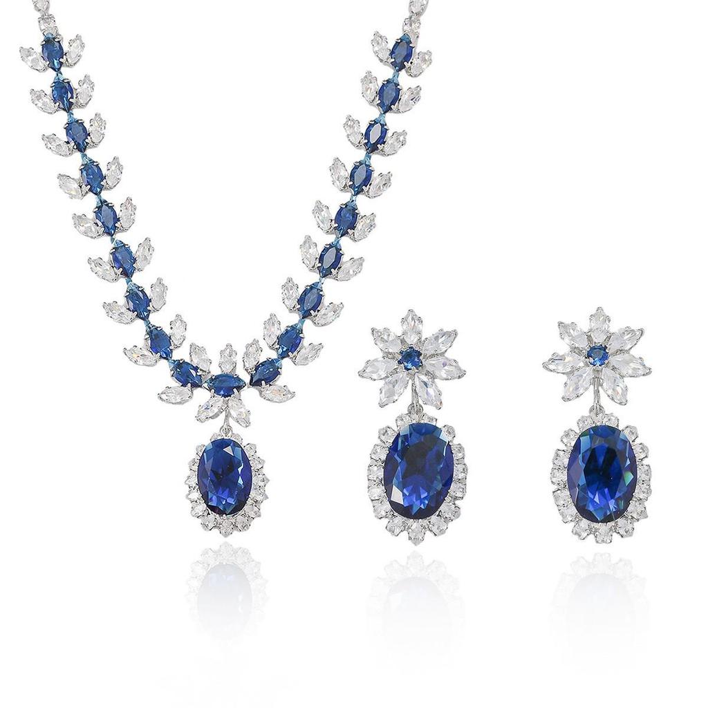 European Style Zircon Blue Water Drop Necklace & Plum Blossom Earrings Set