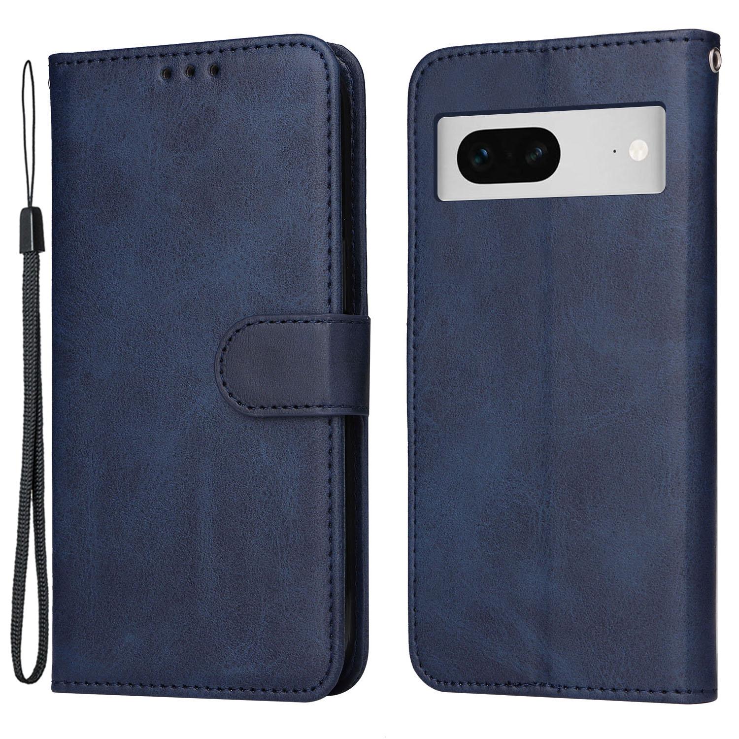 

For Google Pixel 7 5G Calf Texture Phone Cover Wallet Stand Shockproof Case with Strap Blue