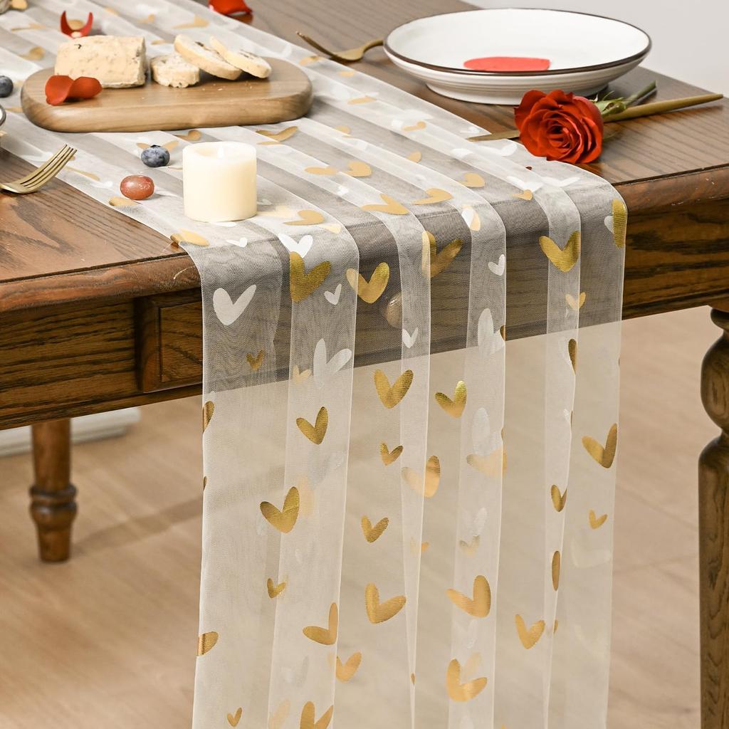 Artoid Mode Pink Heart Gauze Table Runner 120 Inch 10FT,Glitter Metallic Foil Valentine’s Day Sheer Dining Anniversary Wedding Table Decor for Home