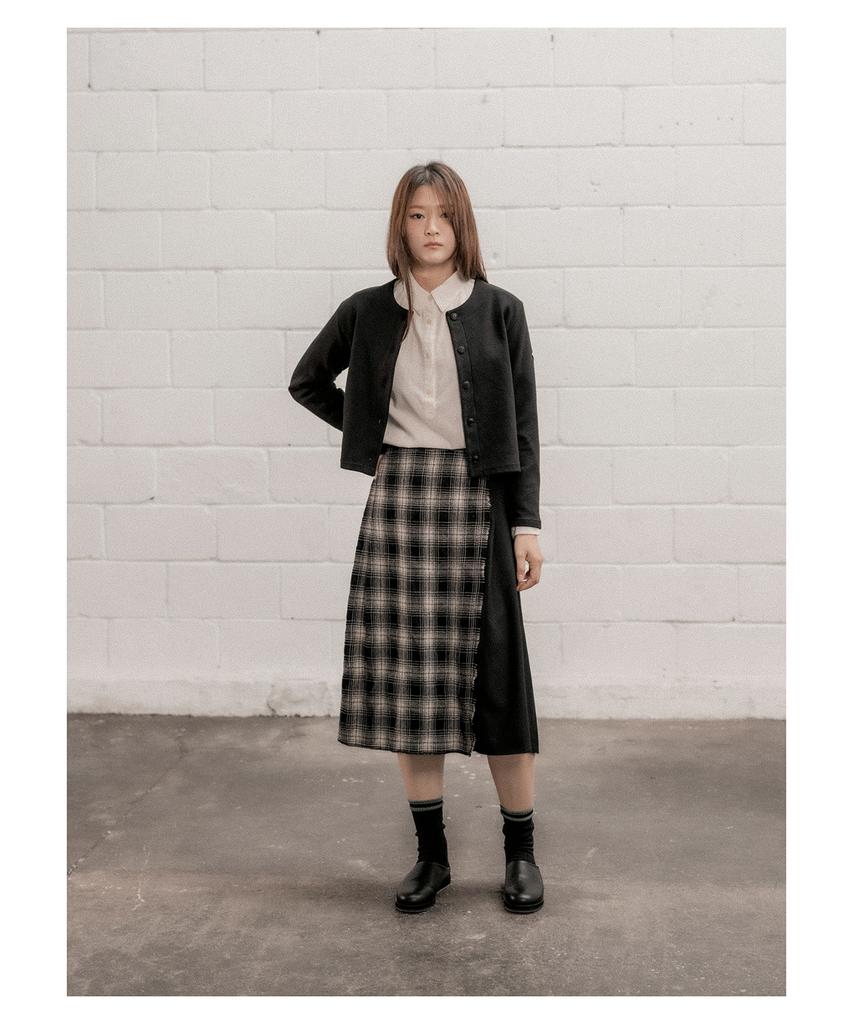 Cotton Bell Check Overlap Skirt - Black Check