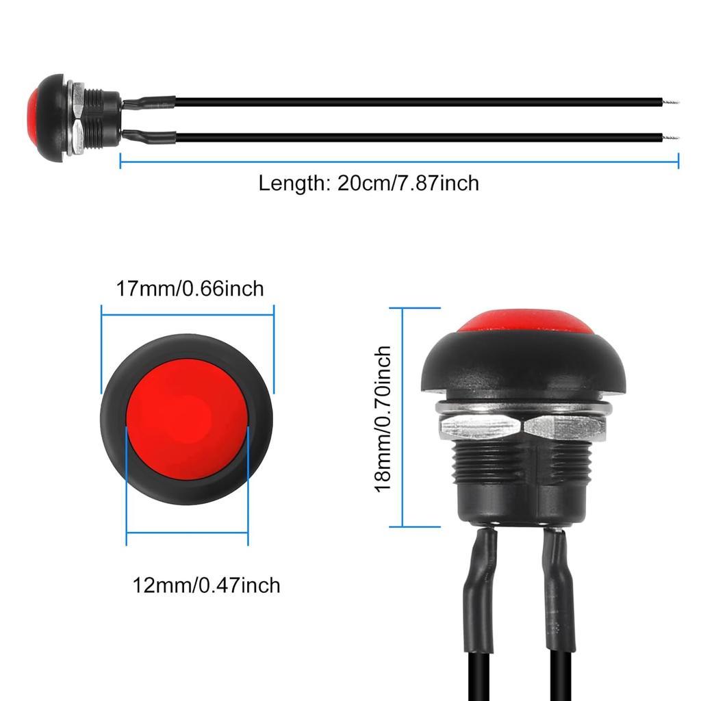 5Pcs 12mm Momentary Push Button Switch Mini Round Switch Waterproof ON Off 1A 250V AC SPST NO 2 Pin Horn Switch for Car, PC, Table Lamp -