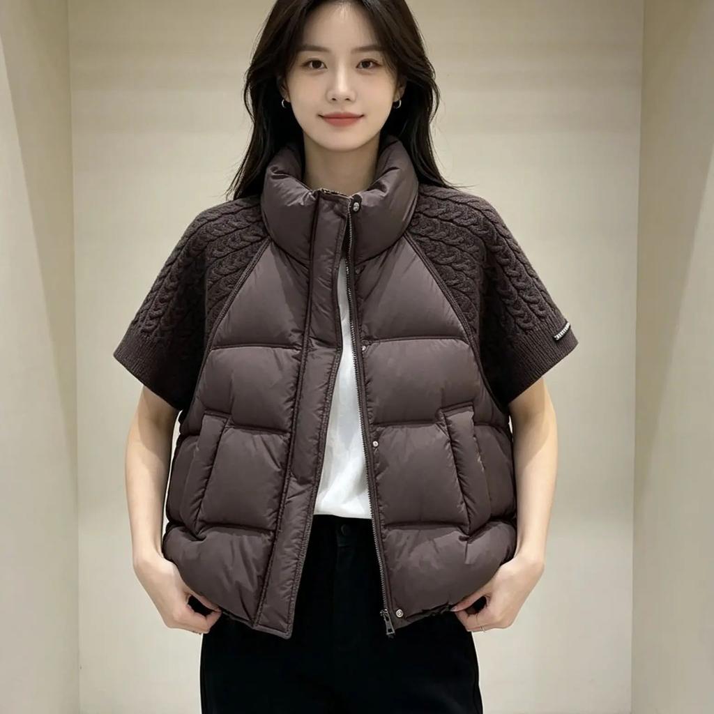 New knitted splicing down cotton vest women's short stand-up collar thickened versatile vest loose and thin jacket