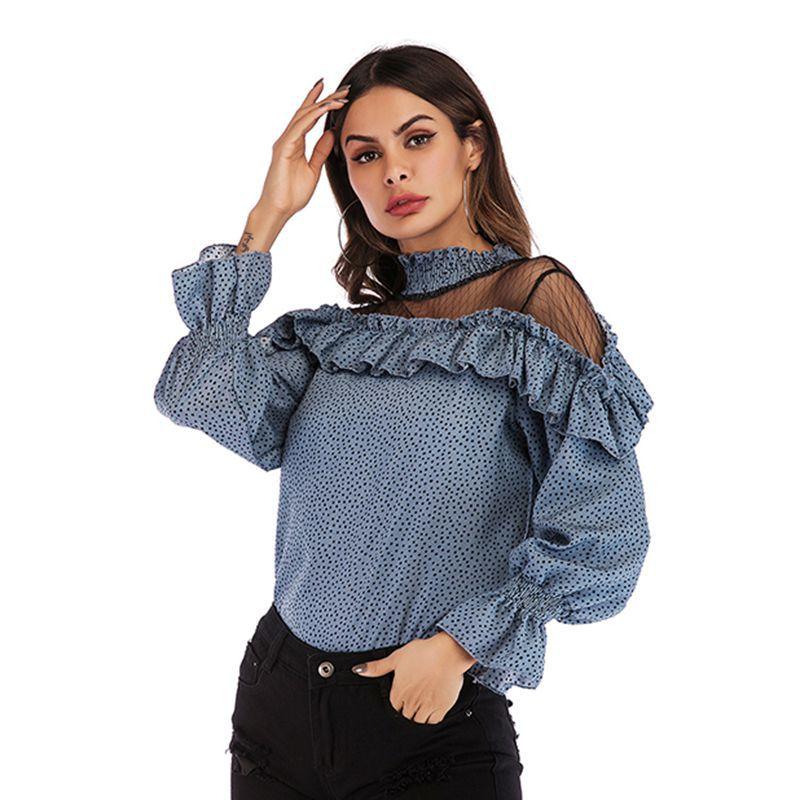 Vår og høst kvinners Chiffon Langermet Plissert Mesh Skjøting Volanger Polka Dot Chiffon Bluse Topp