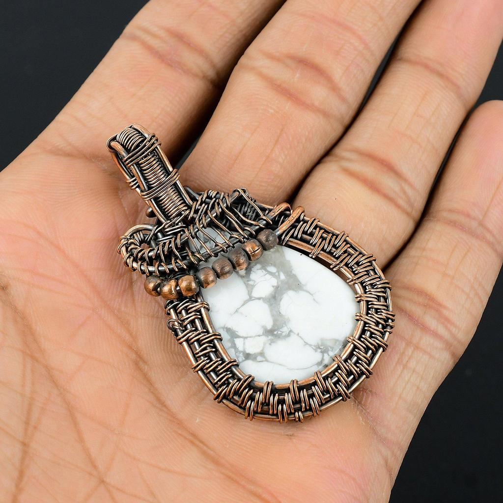 Howlite Pendant, 999 Copper Wire Wrapped Gemstone Jewelry, Handmade Pendant, For Thanksgiving