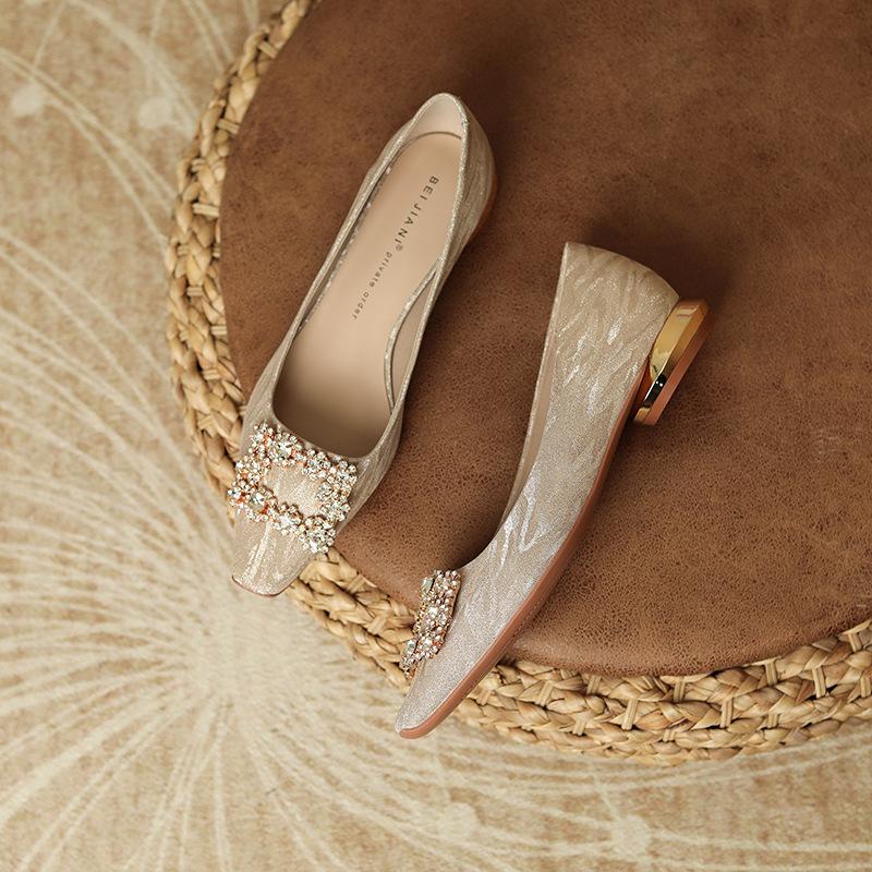 

Silver rhinestone square buckle gilt flat-soled single shoes women s head low heel bridesmaid shoes wedding shoes thick heel 39 шампанского