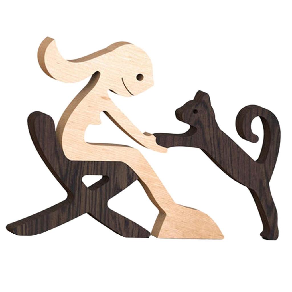 Sitting Woman and Dog Unique Gift Animal Sculptures Collection Wood Carved Collectible Figurines Tabletop Desk Shelf Decor