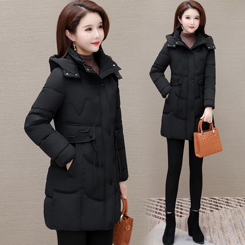 Down cotton-padded clothes for women's winter long slim-fitting cotton-padded clothes, warm hooded and cold-proof cotton-padded jacket.