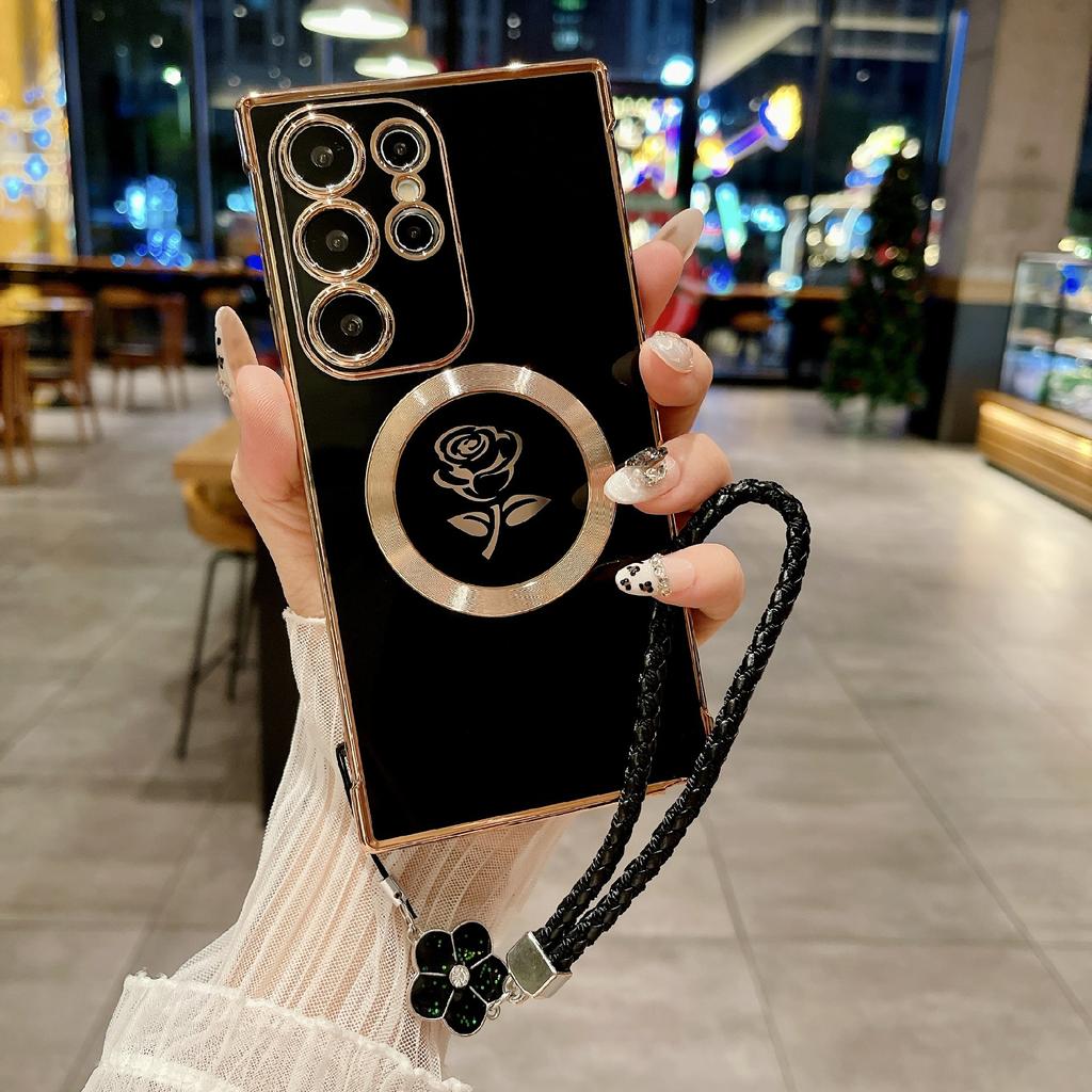 Pro Samsung Galaxy S25 Ultra Magnetické pouzdro s pleteným popruhem Růžový květ Elektroplátovaný TPU kryt na telefon