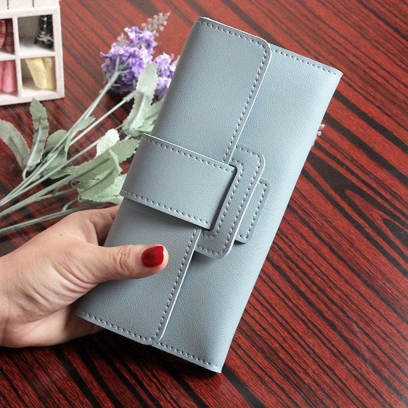 Sleek Women's Long Tri-Fold Wallet - Stylish Solid Color Design with Multiple Card Slots, Clutch Purse in Sky Blue or Black