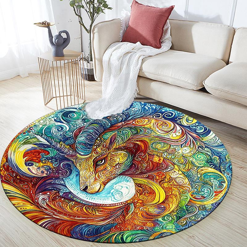 Abstract Goat and Lion Round Area Rug,Carpet Rug for Living Room Bedroom Sofa Playroom Decor,Non-slip Floor Mat