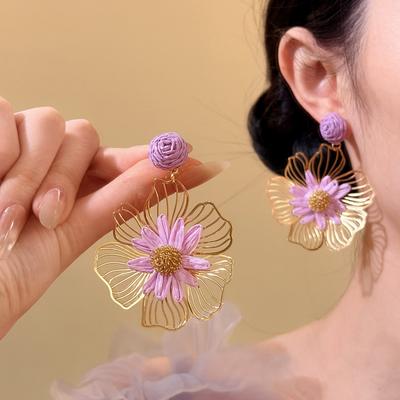 Bangkok Flower _ Holiday Style Yellow Straw Flower Earrings New Stud Earrings Unique Exaggerated Beautiful Earrings