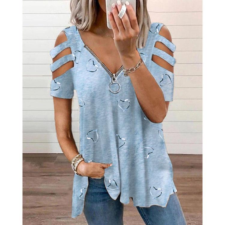 2024 Women's V-neck Zipper Print Short Sleeve Loose T-shirt with European & American Style
