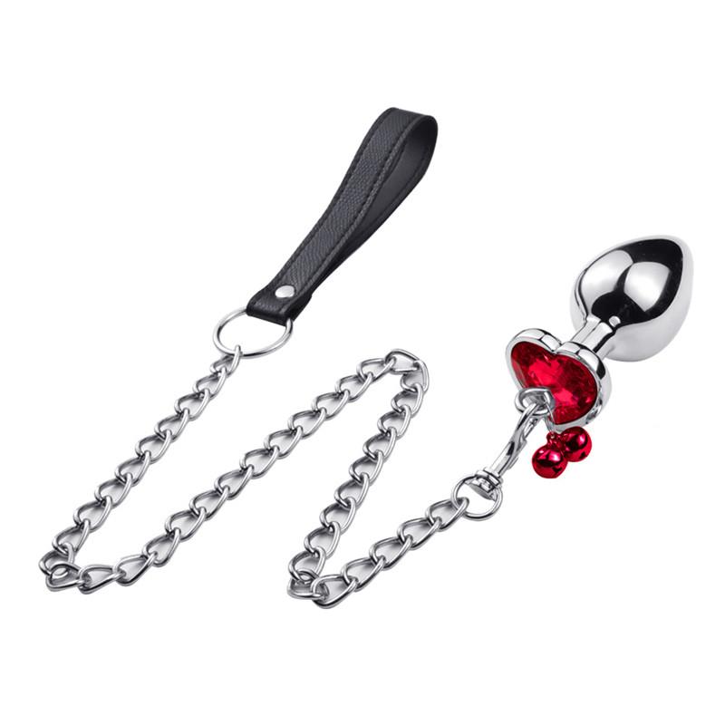 Crystal Heart Buttplug Stainless Steel Leash Chain Anal Plug Bells Pendant Prostate Massager SM Erotic Sex Toys For Women Men