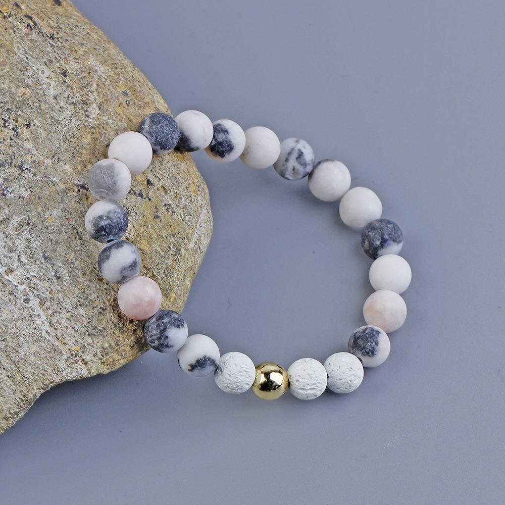 Custom Fashion Bracelet Natural pink zebra Stone Gold Bead String Elastic Bracelet Jewelry