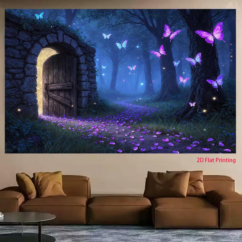 2D Enchanted Forest Backdrop Banner, Magic Door and Purple Butterflies Decor