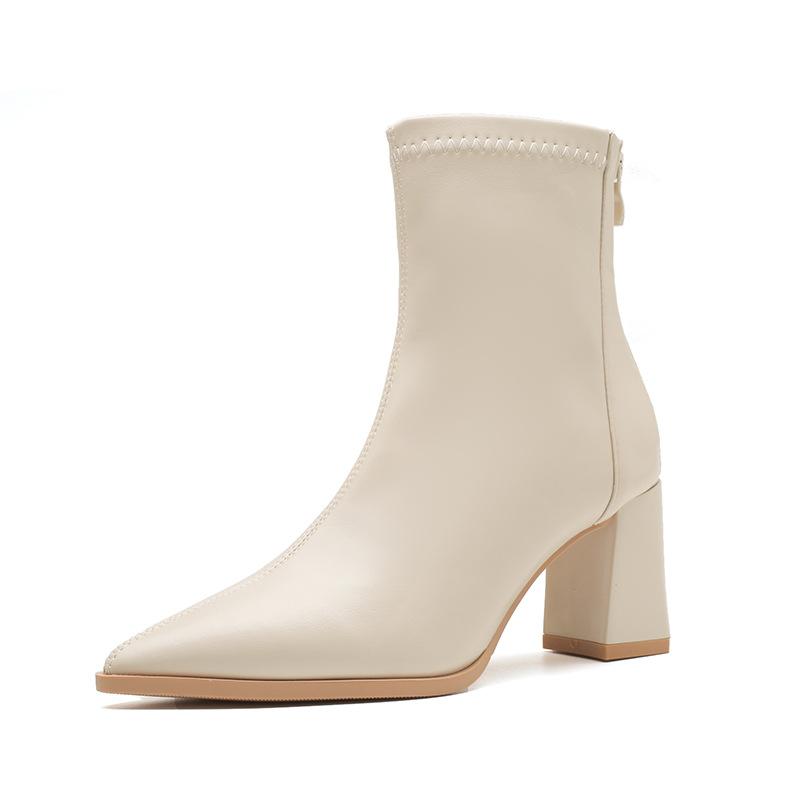 Soft leather pointed thick heel short boots women's 2025 autumn and winter new thin popular fashion versatile zipper Martin boots