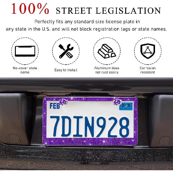 Car License Plate Frame, Sparkling Stainless Steel Auto License Plate Frame With Rhinestones, Bling Diamond License Plate Holder, Universal Exterior