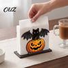 Wooden Tissue Holder Halloween Napkin for Table, Pumpkin Black Cat Bat Organizer Standing Dispenser, Paper Towel Stand Holiday Party Decor Desktop