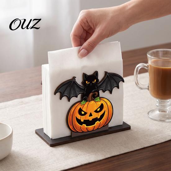 Wooden Tissue Holder Halloween Napkin for Table, Pumpkin Black Cat Bat Organizer Standing Dispenser, Paper Towel Stand Holiday Party Decor Desktop