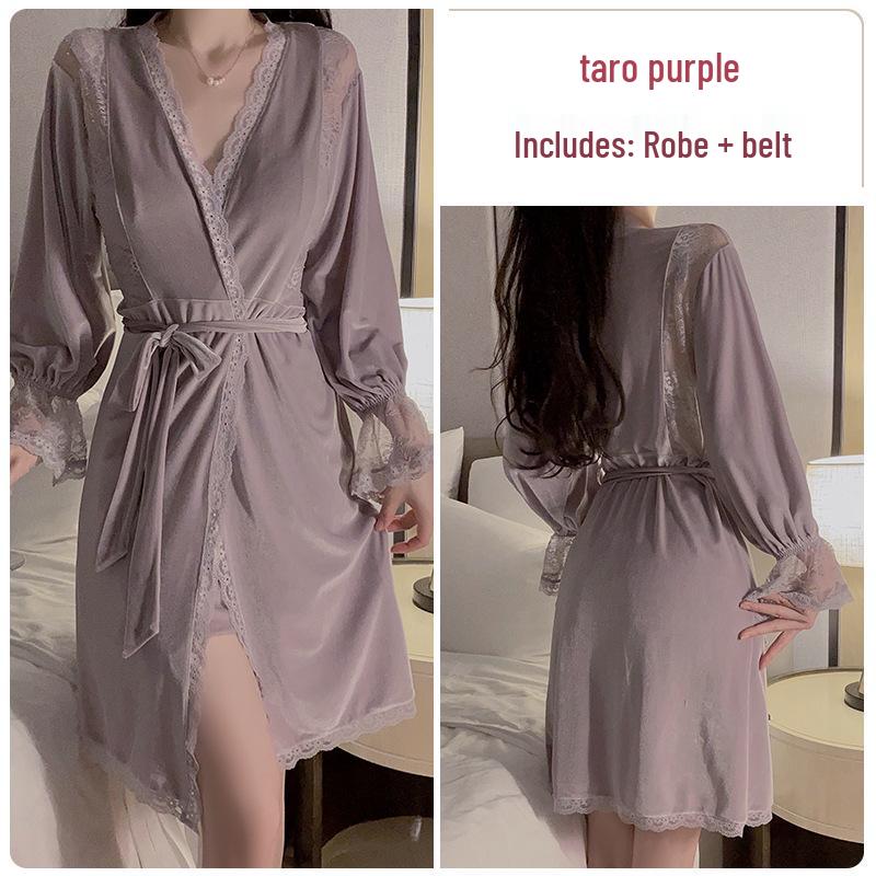 Gorgeous Lace See-Through Deep V Velvet Nightgown & Robe Set with Padding - Sweet Temptation 3908
