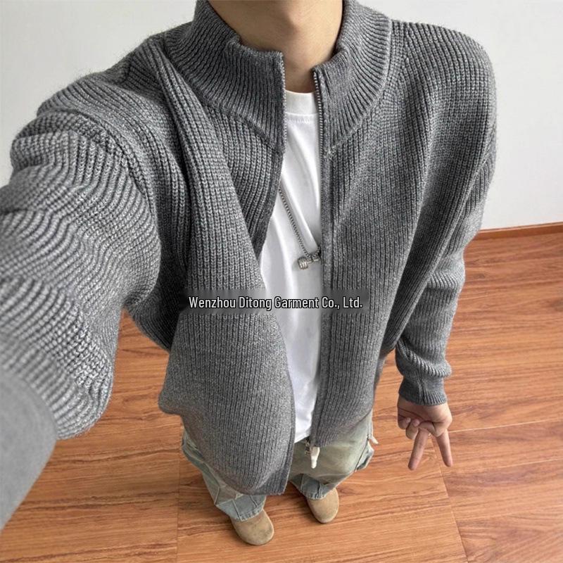 Men's Gray Knit Cardigan: Autumn Relaxed Fit Stand-Up Collar Jacket