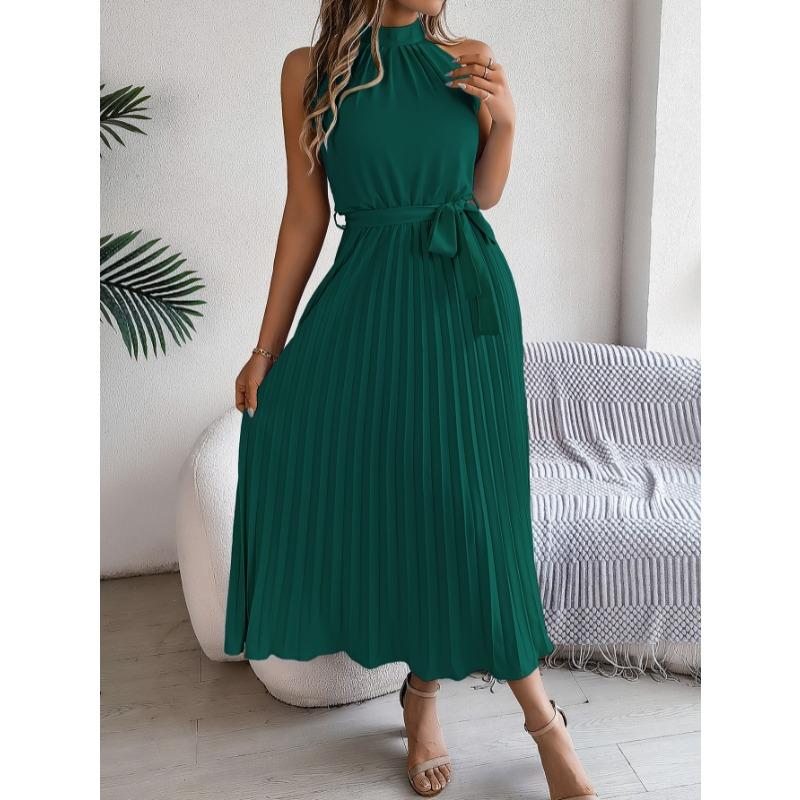 Sleeveless Summer Pleated A-line Dress Casual Solid Color Loose Party Lace-up Elegant Dresses Fashion Midi Sweet Stand Collar Holiday Clothing