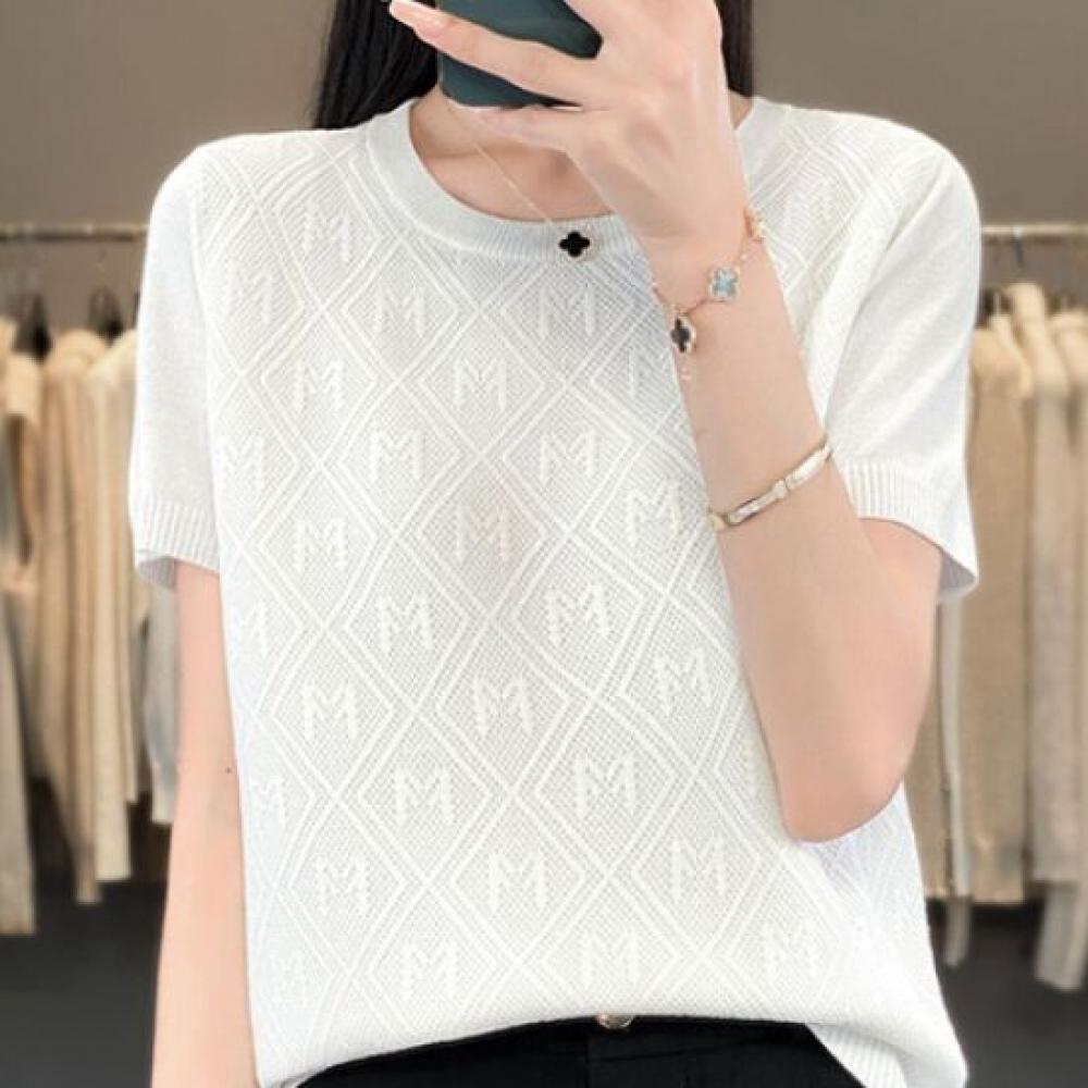 Navava Nk2152 Embossing AlphabeT Simple ShorT Sleeve KniT T shirT