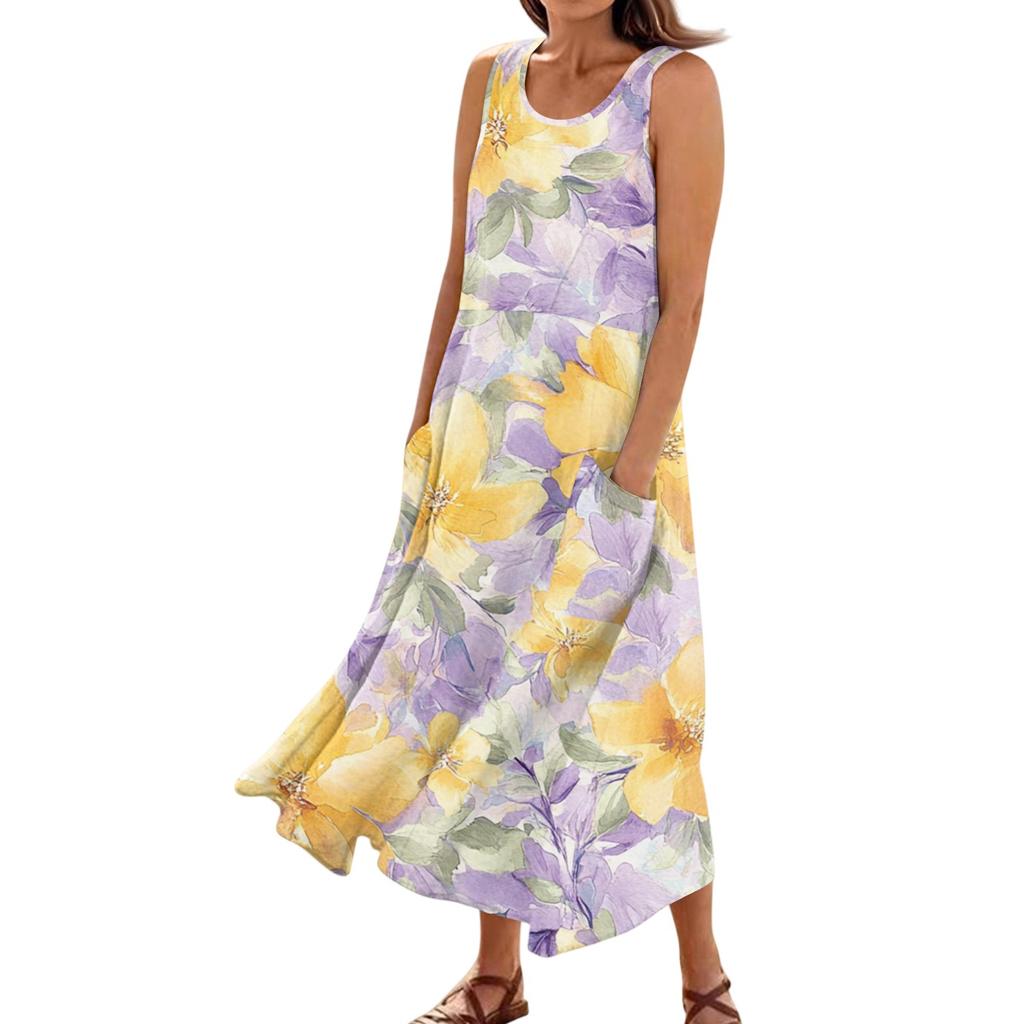 Dámské letní ležérní módní šaty bez rukávů s květinovým potiskem a kapsou