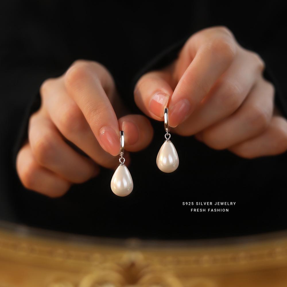 Authentic 925 Sterling Silver Water Drop Shell Pearls Stud Earrings For Women Wedding Party Temperament Jewelry