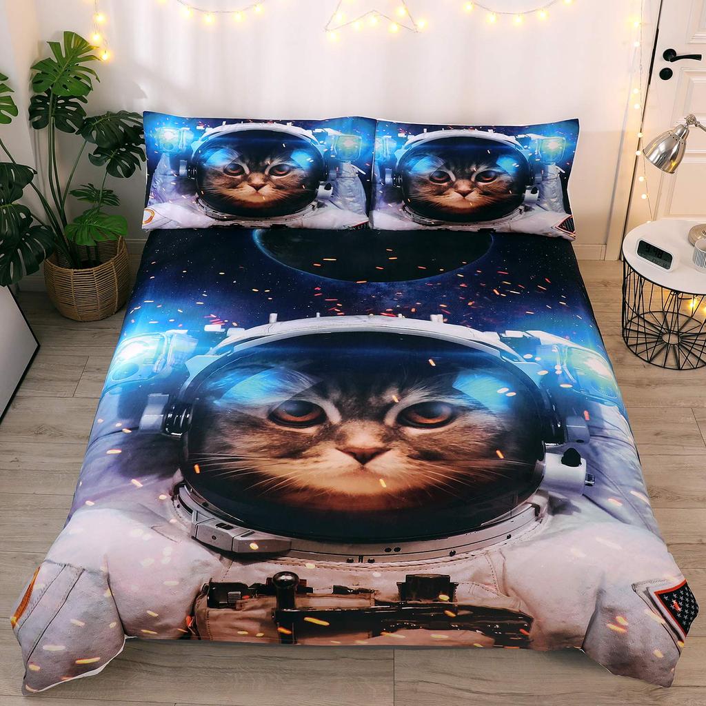 Galaxy Cat Duvet Cover Universe Galaxy for Kids Boy Girl Cute Kitten Printed Outer Space Planets Quilt Cover Bedroom Decorations